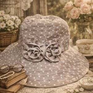 🌸 Spring Garden Hat – Polka Dot Sun Hat with Floral Detail – NWOT
